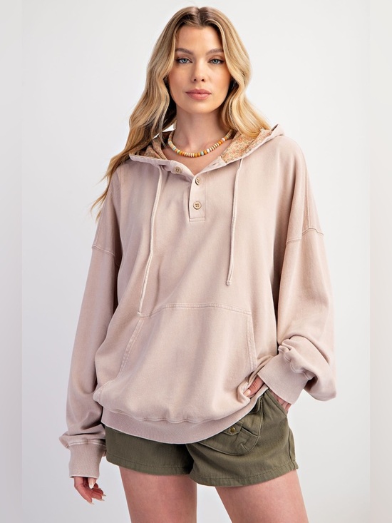 Easel Heart and Soul Peace Sign Patchwork Terry Hoodie in Oyster Mushroom small - Picture 4 of 5